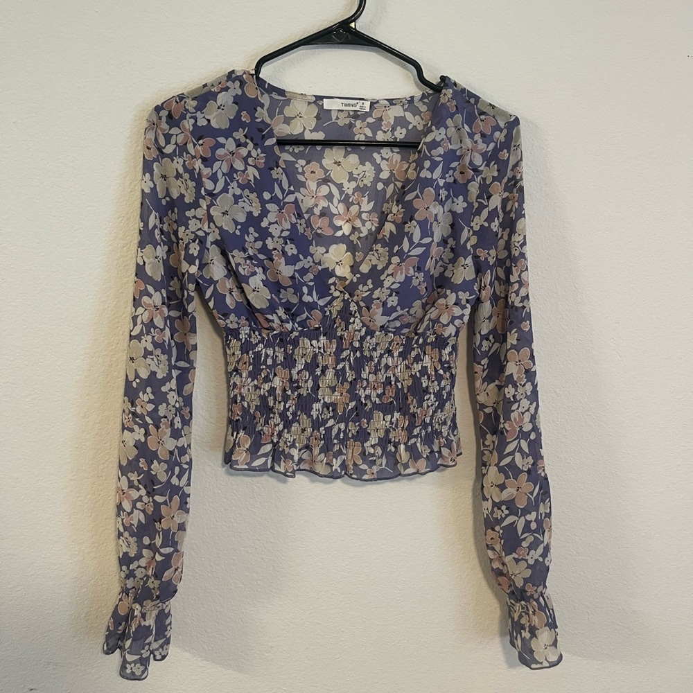 Timing Blue and White Smocked Crop Blouse